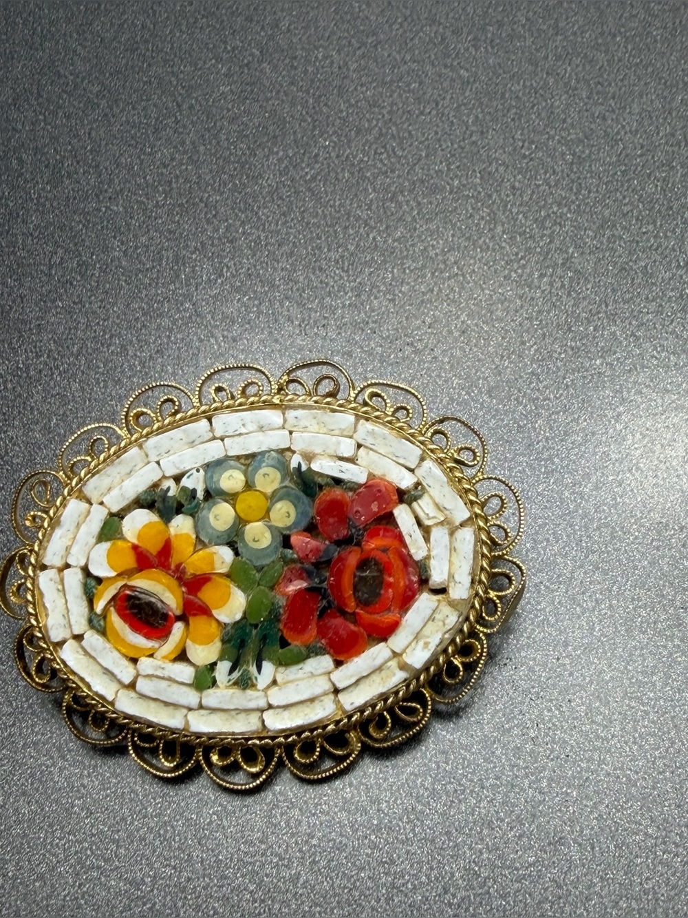 Vintage Floral Micro-Mosaic Oval Brooch in White and Orange #mo161